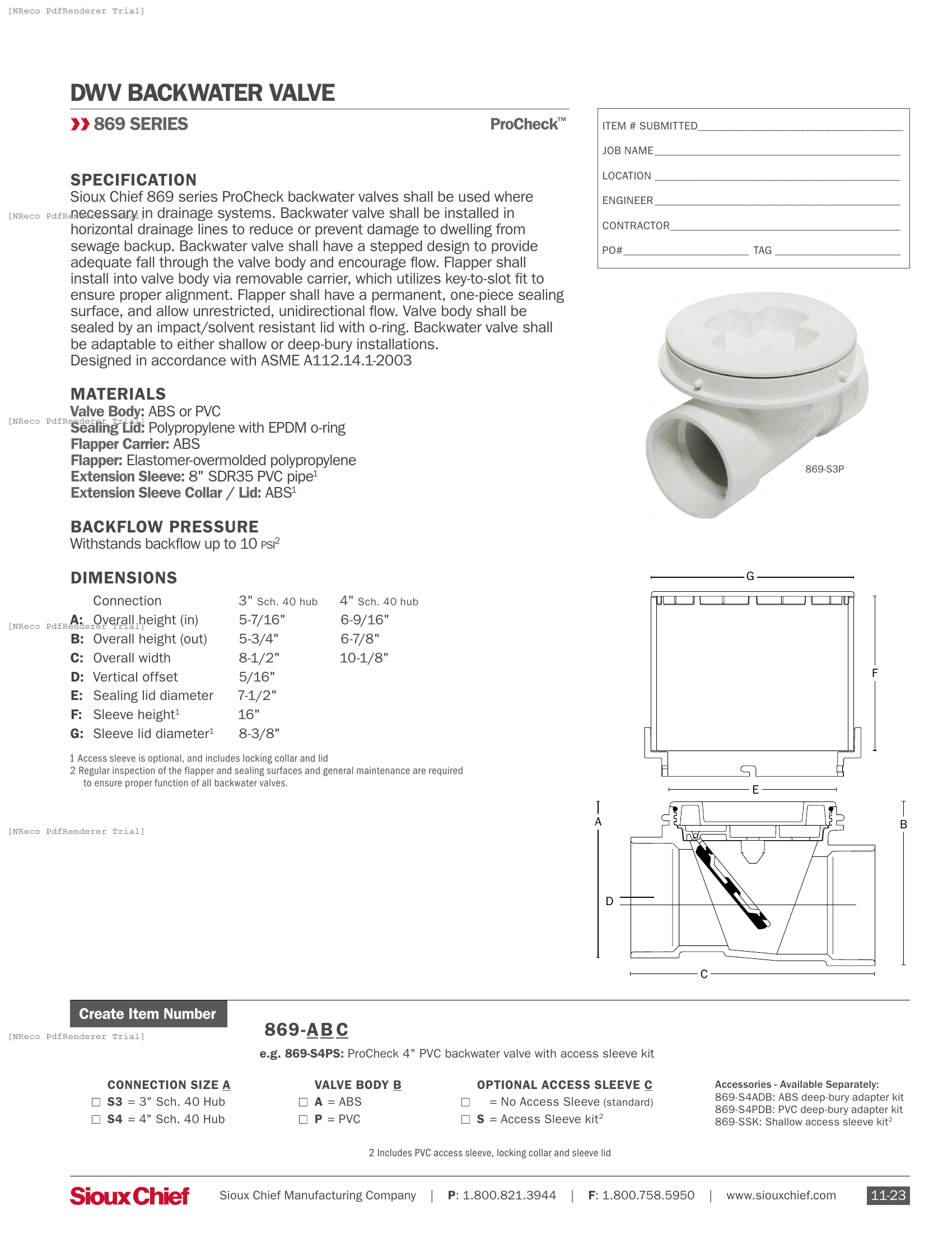 869 SERIES - PROCHECK BACKWATER VALVE - SPEC SHEET.PDF Specification Document
